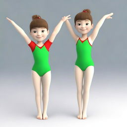 Create a series of 3D model images featuring Meri, a very cute 6-year-old gymnast with brown hair and green eyes