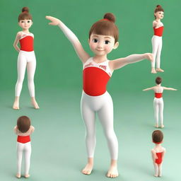 Create a series of 3D model images featuring Meri, a very cute 6-year-old gymnast with brown hair and green eyes