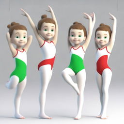 Generate a series of 3D model images featuring Meri, a very cute 6-year-old gymnast with brown hair and green eyes