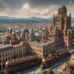 A compelling version of Bulgaria reimagined in a steampunk style, featuring Sofia's cityscape intermingled with intricate machinery, the Black Sea with steam-propelled ships, and Rila Monastery with subtle, cog-based elements.