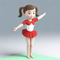 Generate a series of 3D model images featuring Meri, a very cute 6-year-old gymnast with brown hair and green eyes