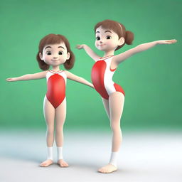 Generate a series of 3D model images featuring Meri, a very cute 6-year-old gymnast with brown hair and green eyes