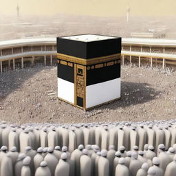 A detailed and respectful depiction of the Hajj pilgrimage, showing pilgrims in traditional attire performing rituals around the Kaaba in Mecca