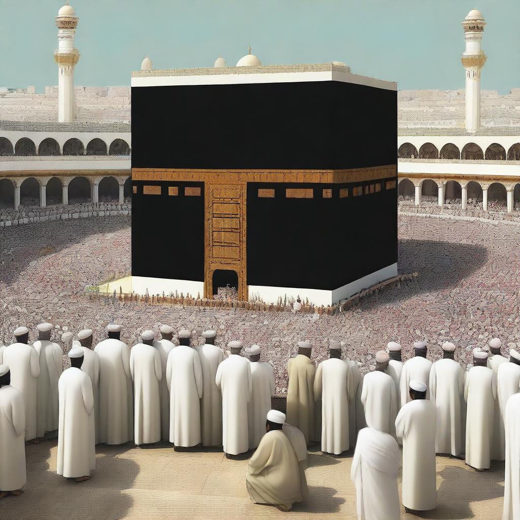 A detailed and respectful depiction of the Hajj pilgrimage, showing pilgrims in traditional attire performing rituals around the Kaaba in Mecca