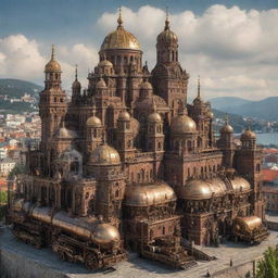 A compelling version of Bulgaria reimagined in a steampunk style, featuring Sofia's cityscape intermingled with intricate machinery, the Black Sea with steam-propelled ships, and Rila Monastery with subtle, cog-based elements.