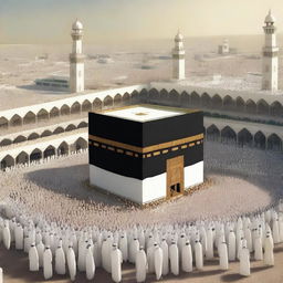 A detailed and respectful depiction of the Hajj pilgrimage, showing pilgrims in traditional attire performing rituals around the Kaaba in Mecca