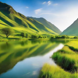 A serene and picturesque scene featuring a beautiful landscape with a clear blue sky, lush green fields, and a calm river flowing through