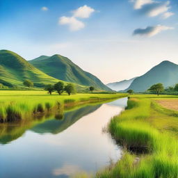 A serene and picturesque scene featuring a beautiful landscape with a clear blue sky, lush green fields, and a calm river flowing through