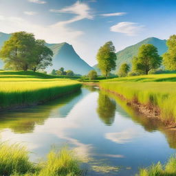 A serene and picturesque scene featuring a beautiful landscape with a clear blue sky, lush green fields, and a calm river flowing through