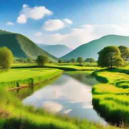 A serene and picturesque scene featuring a beautiful landscape with a clear blue sky, lush green fields, and a calm river flowing through