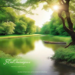 Create a captivating ebook cover featuring a serene landscape with a winding river, lush green trees, and soft sunlight filtering through the leaves