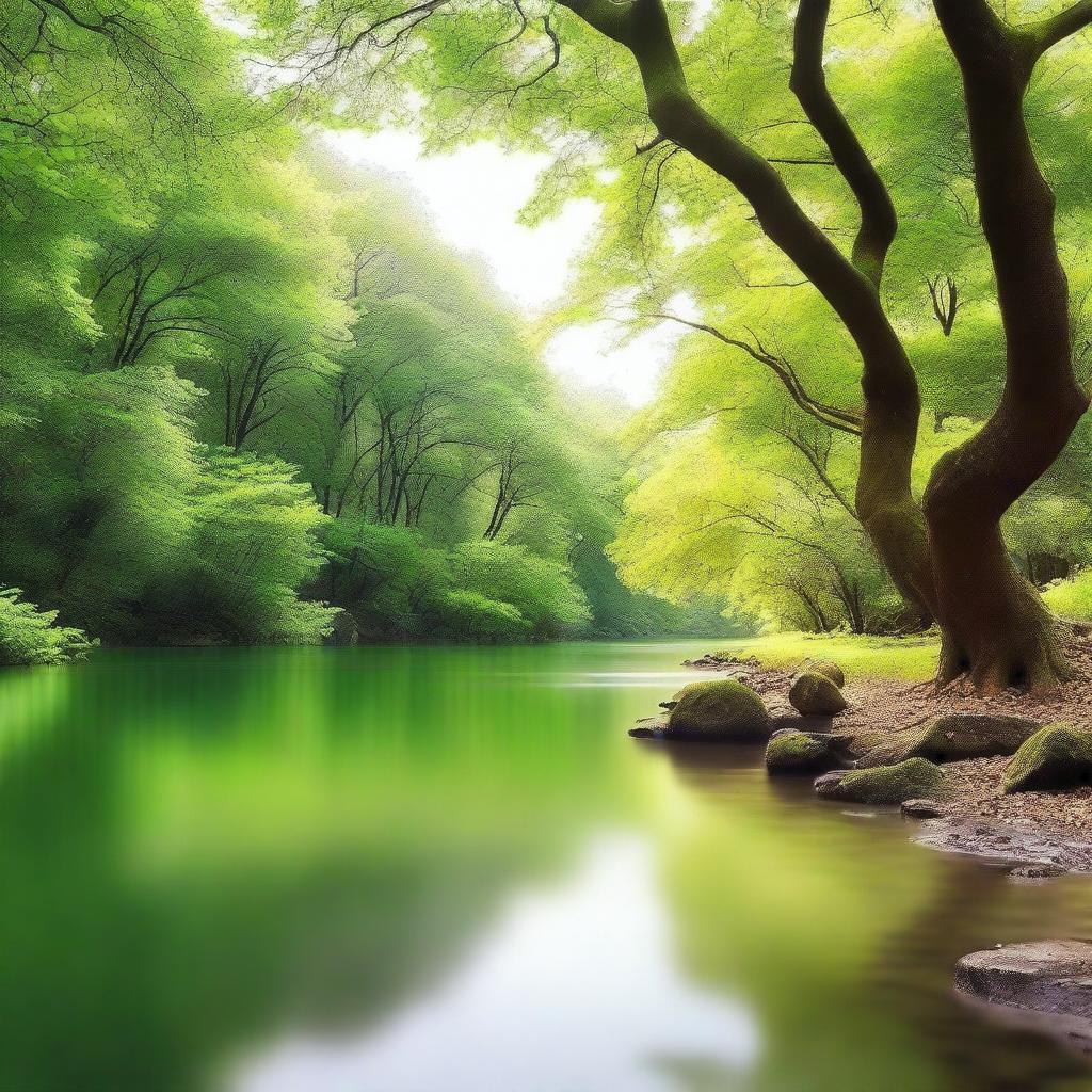 Create a captivating ebook cover featuring a serene landscape with a winding river, lush green trees, and soft sunlight filtering through the leaves