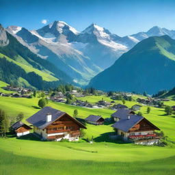 A picturesque Swiss landscape with a lush green valley, several charming homes scattered throughout, and majestic icy mountains in the background