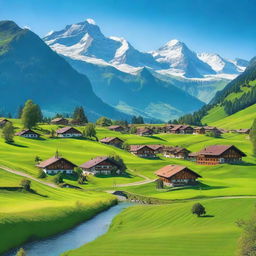 A picturesque Swiss landscape with a lush green valley, several charming homes scattered throughout, and majestic icy mountains in the background