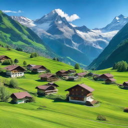 A picturesque Swiss landscape with a lush green valley, several charming homes scattered throughout, and majestic icy mountains in the background