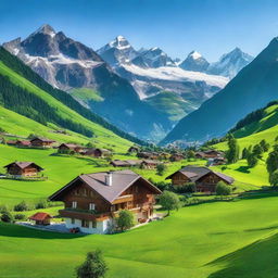 A picturesque Swiss landscape with a lush green valley, several charming homes scattered throughout, and majestic icy mountains in the background