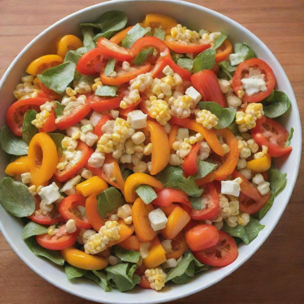 Bright, nutritious salad made with a blend of orange and yellow vegetables like bell peppers, carrots, and corn, highlighted with a light, zesty dressing.