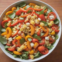 Bright, nutritious salad made with a blend of orange and yellow vegetables like bell peppers, carrots, and corn, highlighted with a light, zesty dressing.