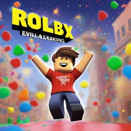 A vibrant and energetic scene featuring a Roblox character celebrating reaching the maximum level