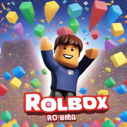 A vibrant and energetic scene featuring a Roblox character celebrating reaching the maximum level