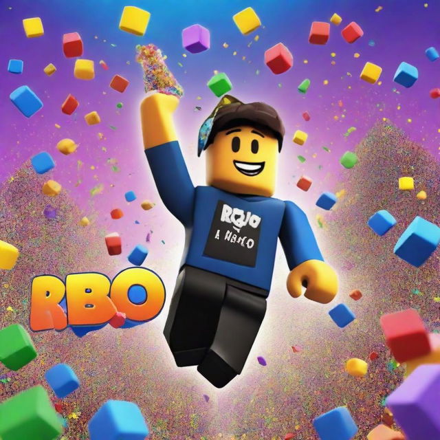 A vibrant and energetic scene featuring a Roblox character celebrating reaching the maximum level