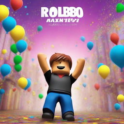 A vibrant and energetic scene featuring a Roblox character celebrating reaching the maximum level