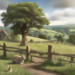 A realistic depiction of an English down with a wooden fence and a rabbit in the foreground