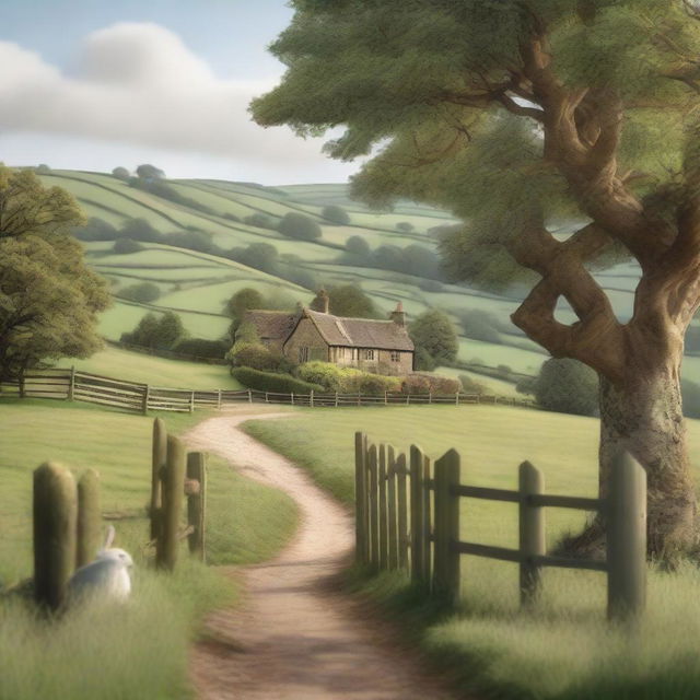 A realistic depiction of an English down with a wooden fence and a rabbit in the foreground