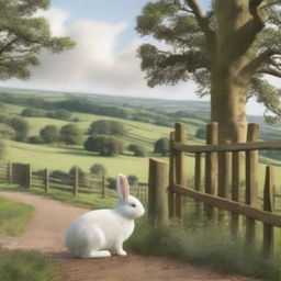 A realistic depiction of an English down with a wooden fence and a rabbit in the foreground