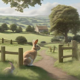 A realistic depiction of an English down with a wooden fence and a rabbit in the foreground