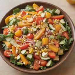 Bright, nutritious salad made with a blend of orange and yellow vegetables like bell peppers, carrots, and corn, highlighted with a light, zesty dressing.