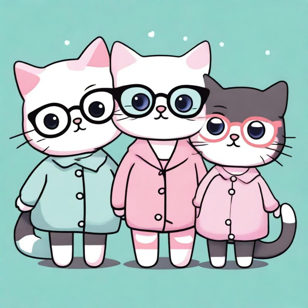 Three cats in the style of 'Hello Kitty,' one with short, wavy hair and the other two with long hair, but one of them wearing glasses