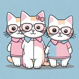 Three cats in the style of 'Hello Kitty,' one with short, wavy hair and the other two with long hair, but one of them wearing glasses