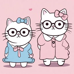 Three cats in the style of 'Hello Kitty,' one with short, wavy hair and the other two with long hair, but one of them wearing glasses