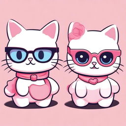 Three cats in the style of 'Hello Kitty,' one with short, wavy hair and the other two with long hair, but one of them wearing glasses