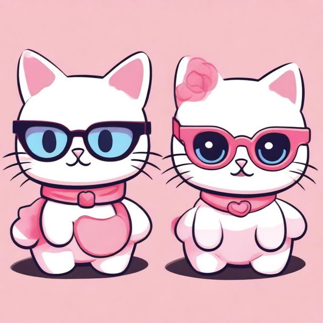 Three cats in the style of 'Hello Kitty,' one with short, wavy hair and the other two with long hair, but one of them wearing glasses