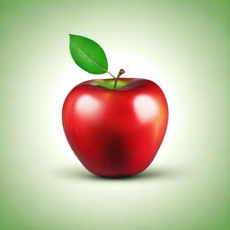 A realistic, detailed image of a fresh, red apple with a green leaf attached to its stem