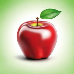 A realistic, detailed image of a fresh, red apple with a green leaf attached to its stem