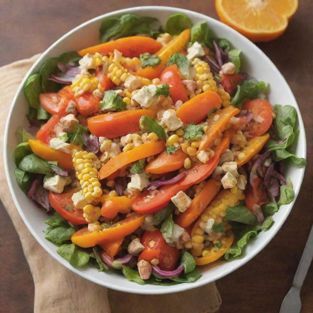 Bright, nutritious salad made with a blend of orange and yellow vegetables like bell peppers, carrots, and corn, highlighted with a light, zesty dressing.