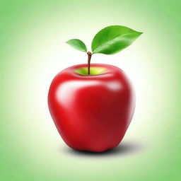 A realistic, detailed image of a fresh, red apple with a green leaf attached to its stem