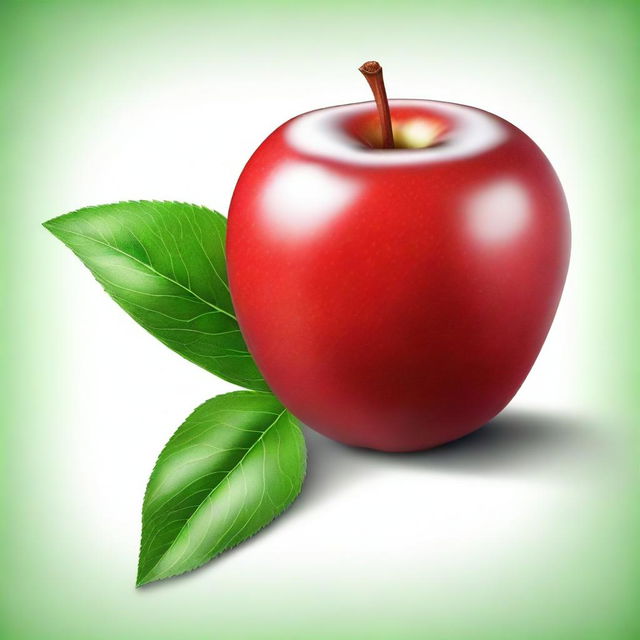 A realistic, detailed image of a fresh, red apple with a green leaf attached to its stem