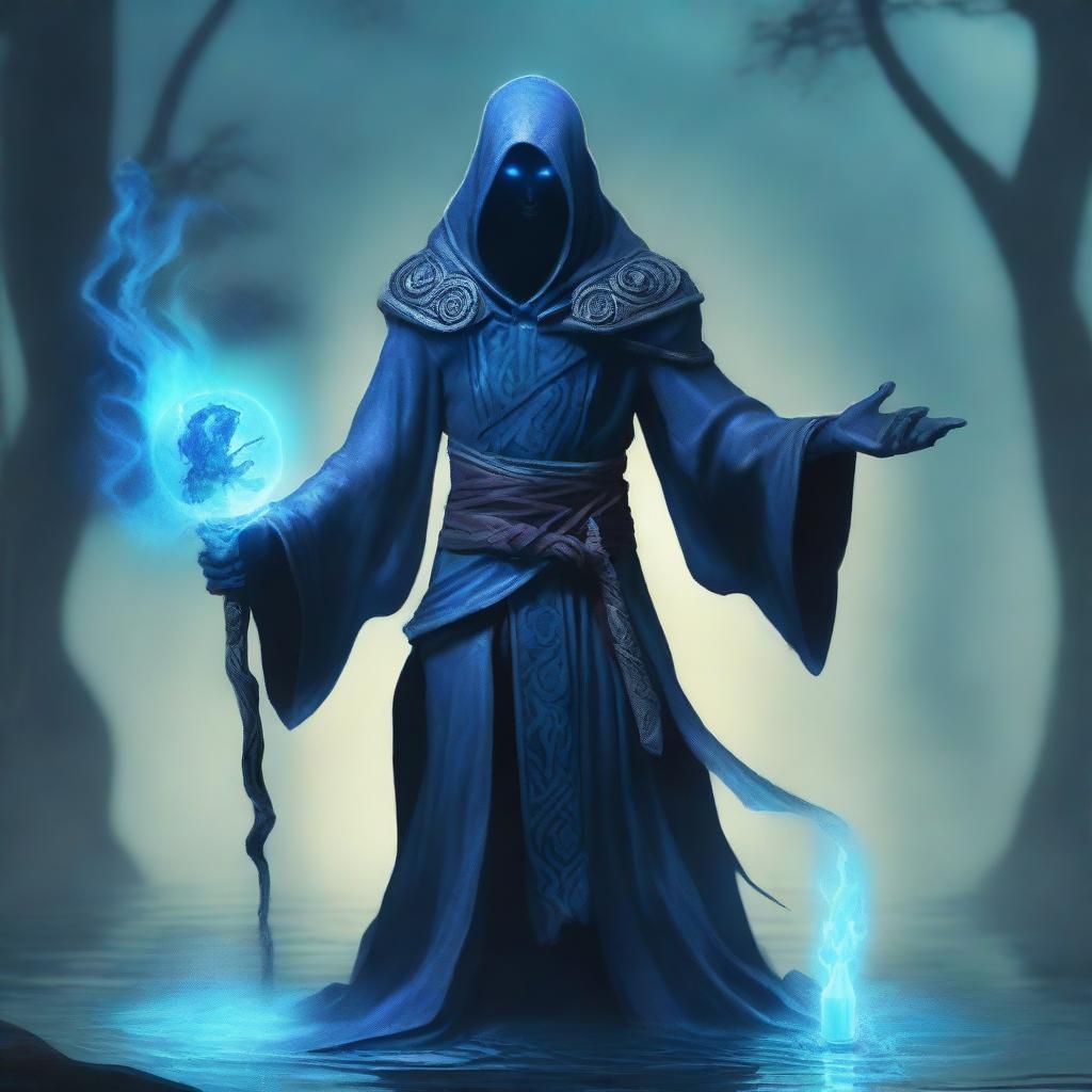 A male Water Genasi necromancer character, featuring blue skin with water-like textures, wearing dark, mystical robes adorned with aquatic symbols