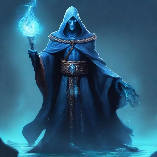 A male Water Genasi necromancer character, featuring blue skin with water-like textures, wearing dark, mystical robes adorned with aquatic symbols