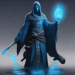 A male Water Genasi necromancer character, featuring blue skin with water-like textures, wearing dark, mystical robes adorned with aquatic symbols