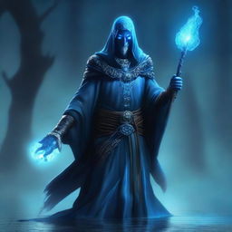 A male Water Genasi necromancer character, featuring blue skin with water-like textures, wearing dark, mystical robes adorned with aquatic symbols