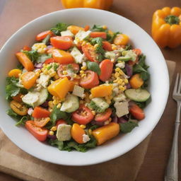 Bright, nutritious salad made with a blend of orange and yellow vegetables like bell peppers, carrots, and corn, highlighted with a light, zesty dressing.