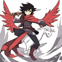 A young male character with black hair featuring white streaks, wielding a large sword, and riding a hippogriff