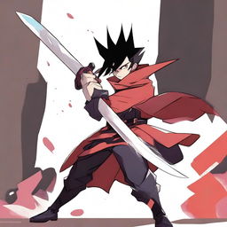 A male character with black hair and a white streak, wielding a large sword