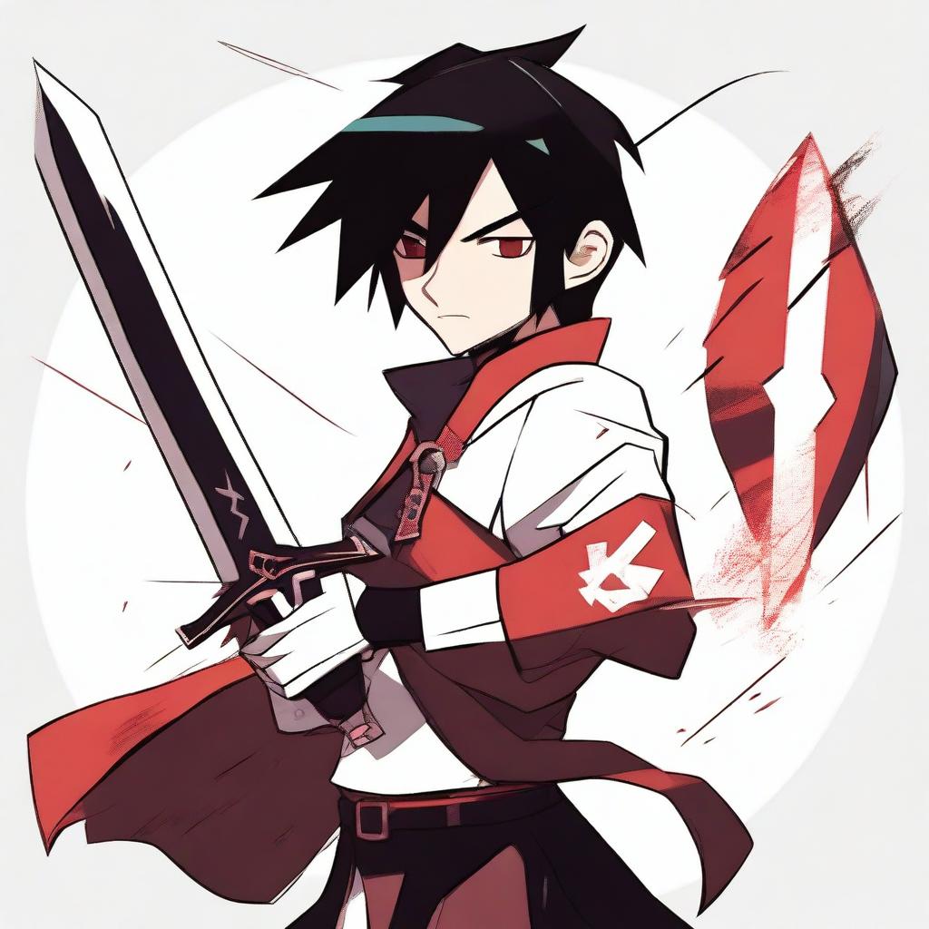 A male character with black hair and a white streak, fair skin, holding a Claymore sword with both hands