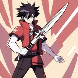 A male character with black hair and a white streak, fair skin, holding a Claymore sword with both hands